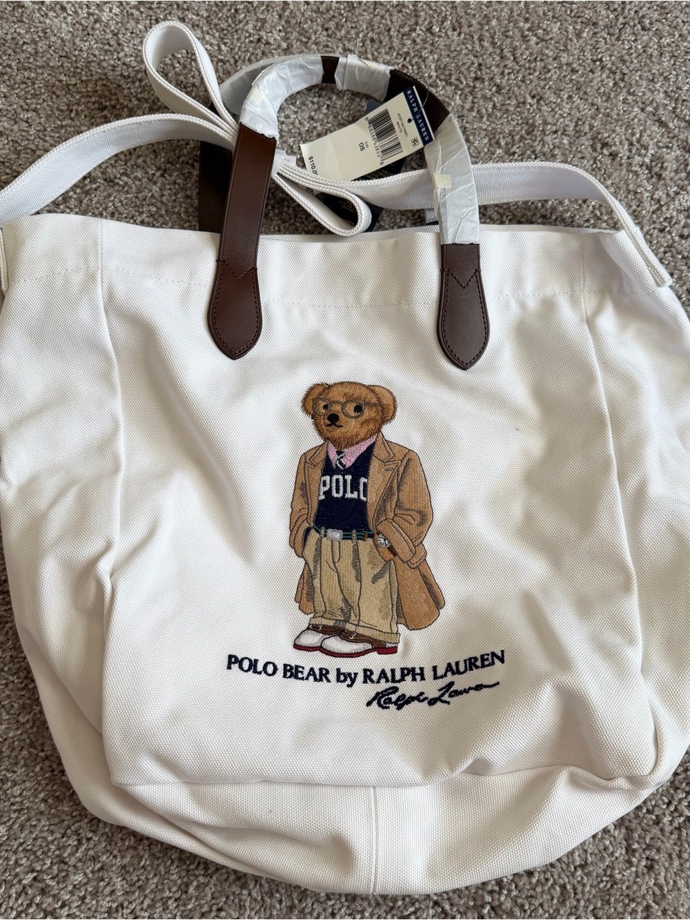 Polo Ralph Lauren White Canvas Tote with Brown Handles & Polo Bear Embroidery